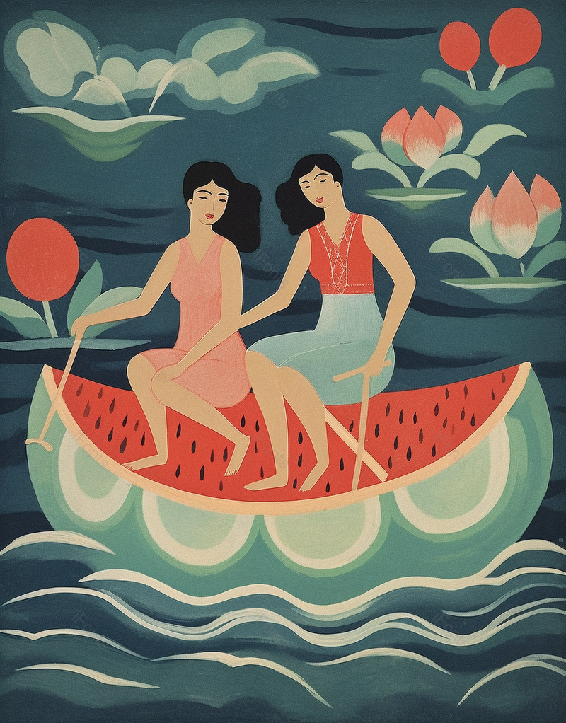 花朵夏天小暑裙子女孩们乘船漂流冒险西瓜水果插画,插画/手绘图,插画/手绘图库,插画/手绘图下载,插画/手绘